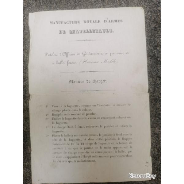 Rare document pour charger le pistolet de gendarmerie