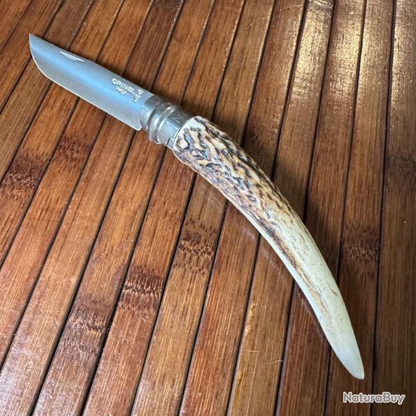 OPINEL N8 CUSTOM ARTISANAL UNIQUE MANCHE POINTE BOIS DE CERF LAME INOX