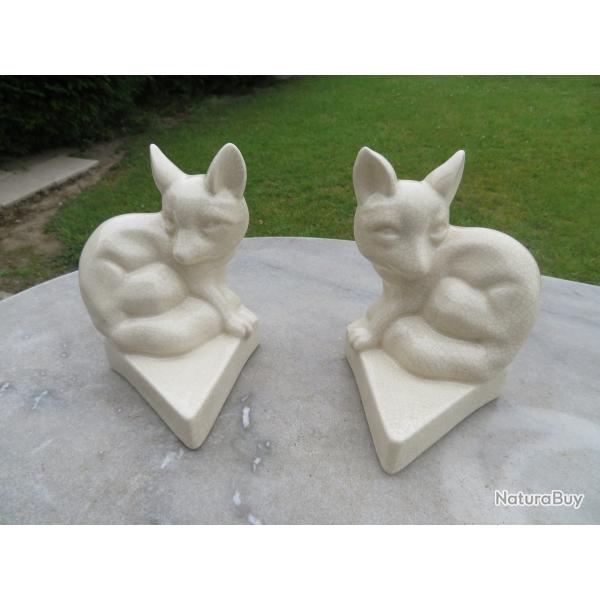 Ancienne paire de serre livres en faence craquele a dcor de renard, maux de Louvire - BELGIQUE