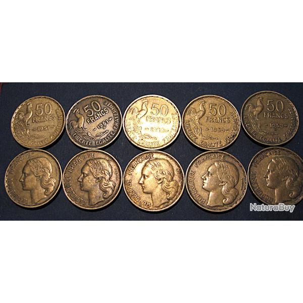 5 pieces de 50 francs Guiraud 1951-51b-52-53-53b bronze d'aluminium