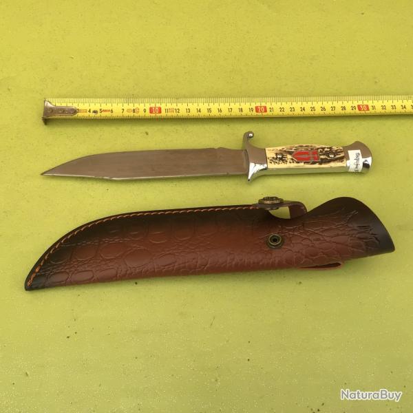 VENDU PAR LE-CUIRASSIER BEAU POIGNARD ALBECETE FOURREAU CUIR MANCHECORNE BLONDE
