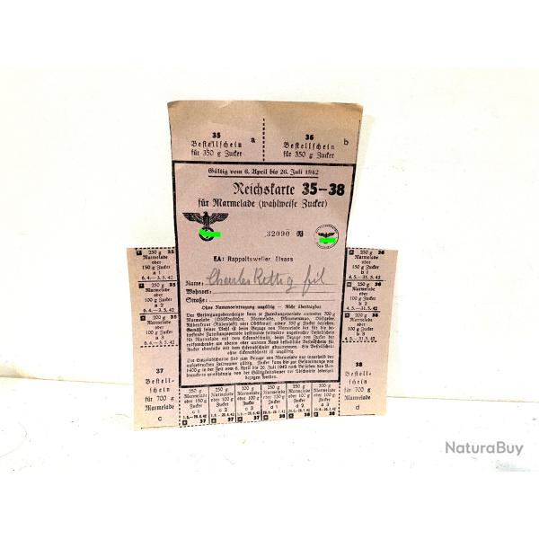 Ancienne carte de ration Allemande Reichskarte fur Marmelade Alsace