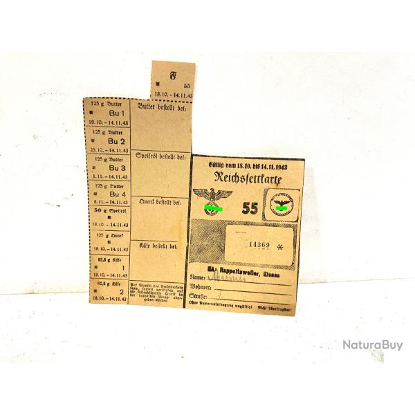 Ancienne carte de ration Allemande Reichskarte Alsace