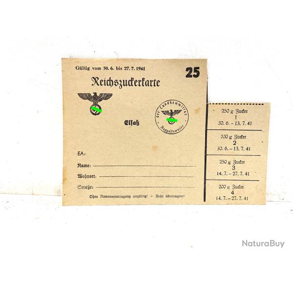 Ancienne carte de ration Allemande Reichszuckerkarte Alsace