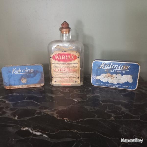 ancienne bouteille m�dicale Fran�aise " PARLAX " +  2 boites m�tal