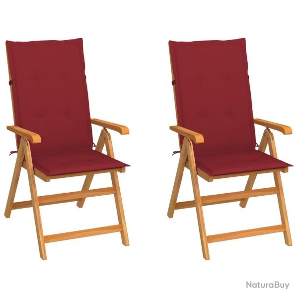 Chaises de jardin lot de 2 et coussins bordeaux Teck massif