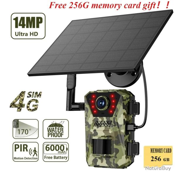 Cam�ra solaire de chasse et de sentier, 14mp, 4G, �tanche, 20M, d�tection de mouvement PIR, suivi de