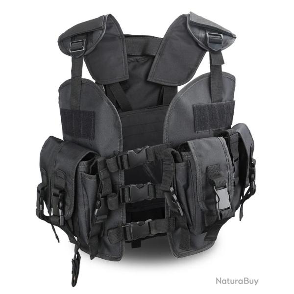 GILET TACTIQUE AIRSOFT POCHE DORSALE ET 4 POCHES VENTRALES - NOIR - LIVRAISON GRATUITE