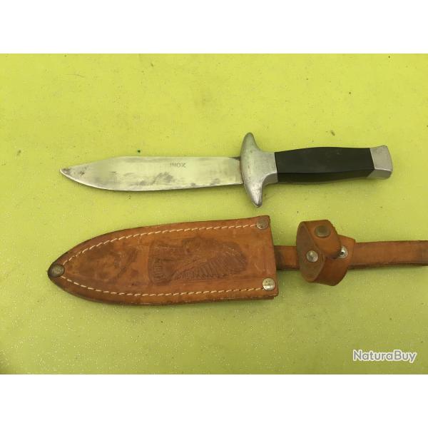 VENDU PAR LE-CUIRASSIER  PETIT POIGNARD INOX TYPE SCOUT AVEC FOURREAU CUIR VINTAGE