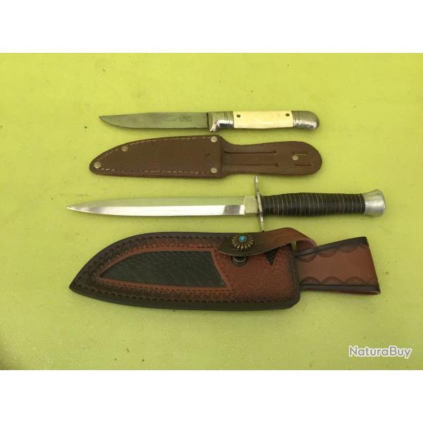 VENDU PAR LE-CUIRASSIER N�2  LOT DE 2 POIGNARDS INOX AVEC FOURREAU CUIR
