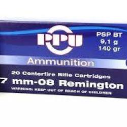 Boite de munition PPU/Partizan 7-08 Remington PSP BT 9.1g 140gr x20