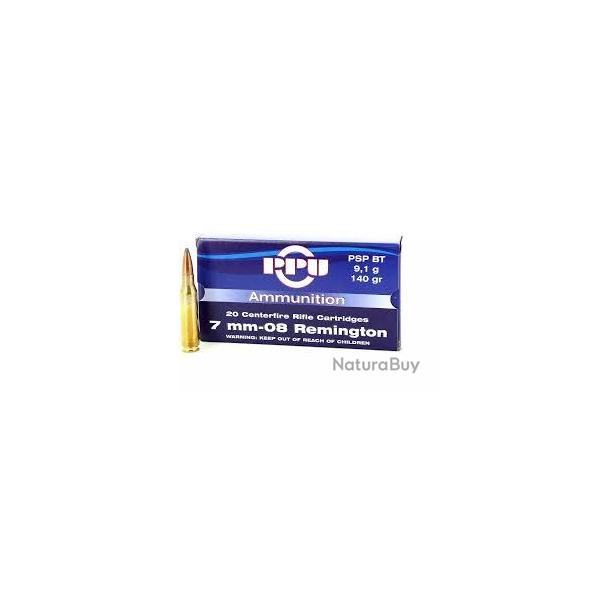 Boite de munition PPU/Partizan 7-08 Remington PSP BT 9.1g 140gr x20