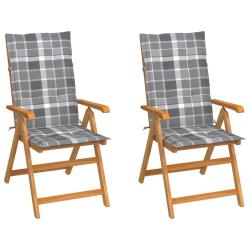 Chaises de jardin lot de 2 et coussins à carreaux gris Teck