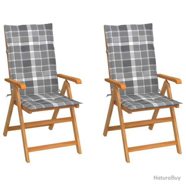 Chaises de jardin lot de 2 et coussins � carreaux gris Teck