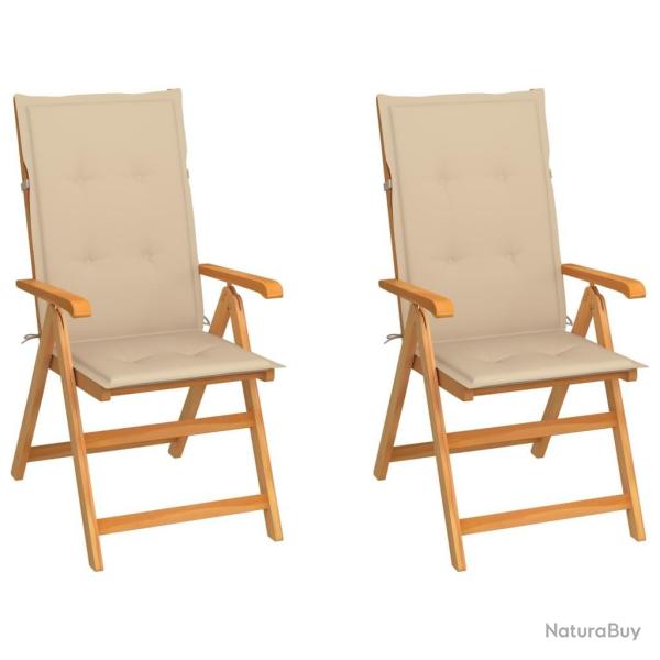 Chaises de jardin lot de 2 et coussins beige Bois teck massif