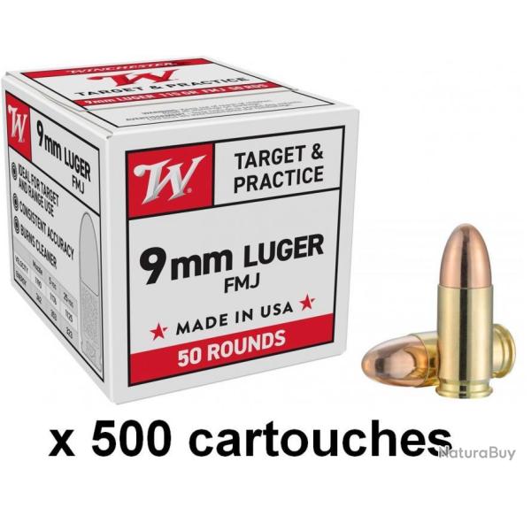 Vente Flash Munitions WINCHESTER FMJ 9 mm Luger / 9 x 19 / 9 mm para 124 GRS 10 boites 500 munitions