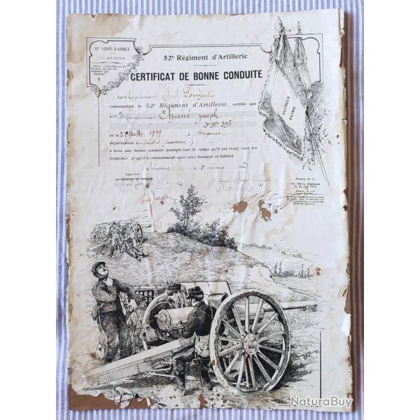 1921 52e R�g. Artillerie Certificat de bonne conduite illustration canon de 75