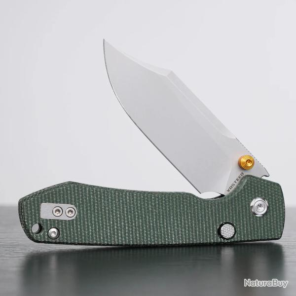 Couteau Vosteed Raccoon Lame Bowie Acier 14C28N Manche Micarta Green Top Liner Lock KIVT VOSA2911