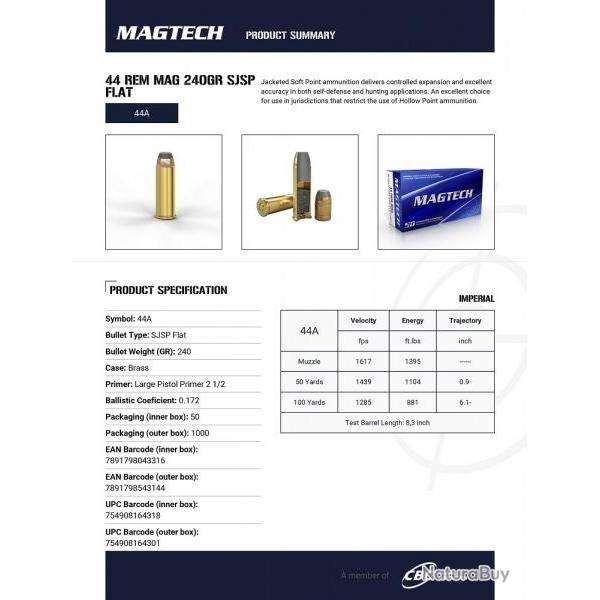 Cartouches  Magtech 44 Rem mag 240 grs SJPS FLAT