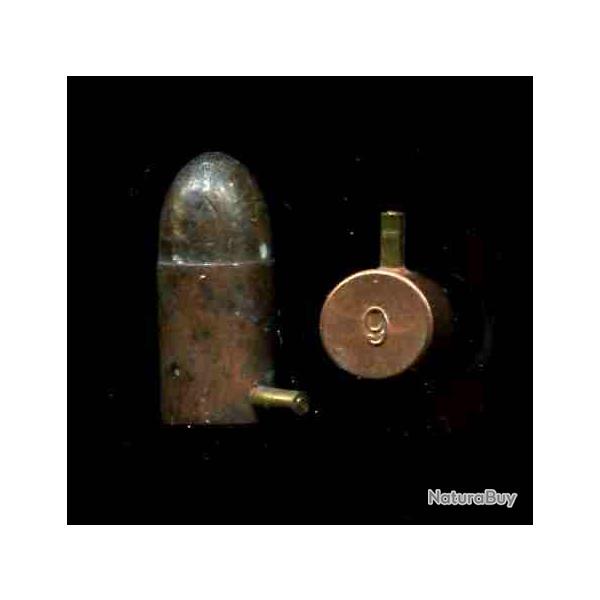 9 mm � broche - balle plomb - marquage : 9 en relief au cenbtre du culot