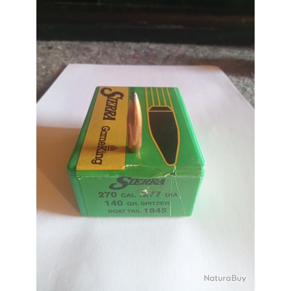 Boite de 100 ogives SIERRA Gameking cal 270 140grs spitzer BOAT TAIL ref 1845
