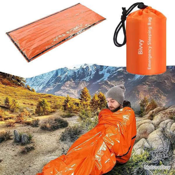 Sac de Couchage de Survie Mylar Impermable, Couverture Thermique d'Urgence Camping Randonne Orange