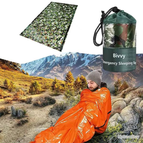 Sac de Couchage de Survie Mylar Impermable, Couverture Thermique d'Urgence Camping Randonne Camo P