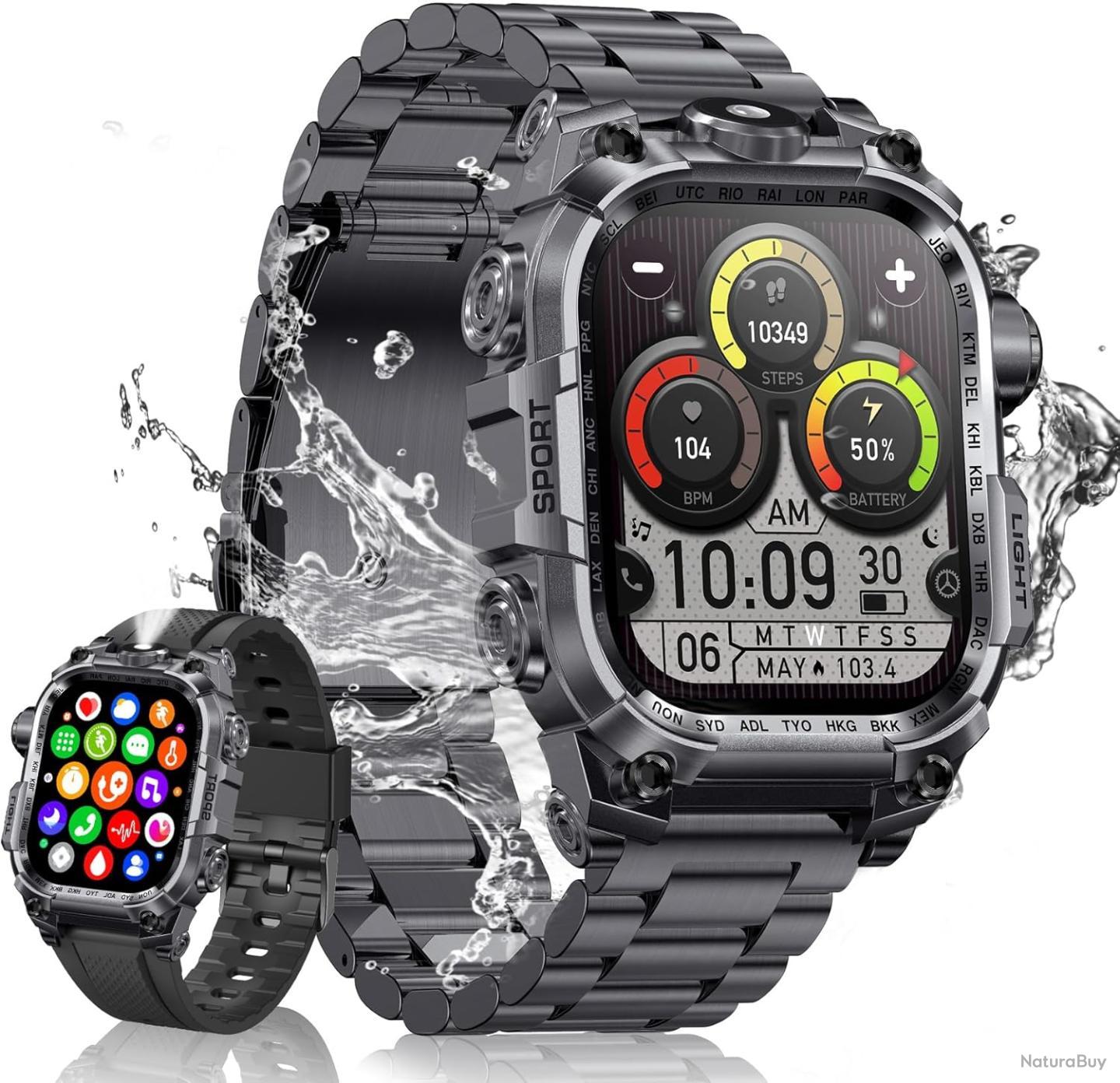 Montre Connectée Militaire Homme ChiBear – Écran HD 360x360, Lampe Torche, Santé, Appels Bluetooth