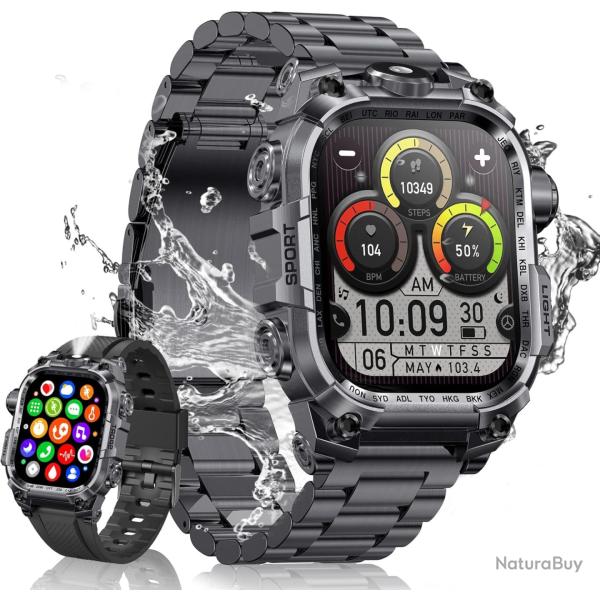 Montre Connect�e Homme 2.01'' HD Smartwatch Militaire avec Appels Bluetooth Torche LED 650mAh 150+ M