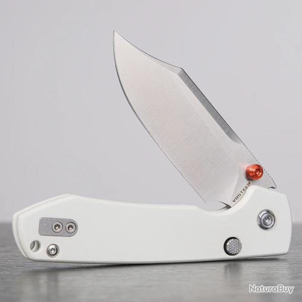 Couteau Vosteed Raccoon Top Liner Lock Lame Bowie Acier 14C28N Manche Micarta White KIVT VOSA2912