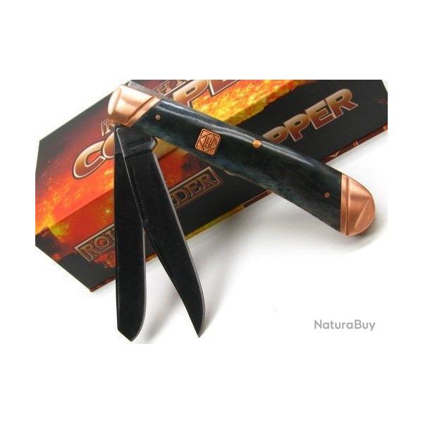 Couteau Rough Ryder Trapper Copper Bolster 2 Lames Acier 440A Manche Os Lisse Noir Slip Joint RR1584