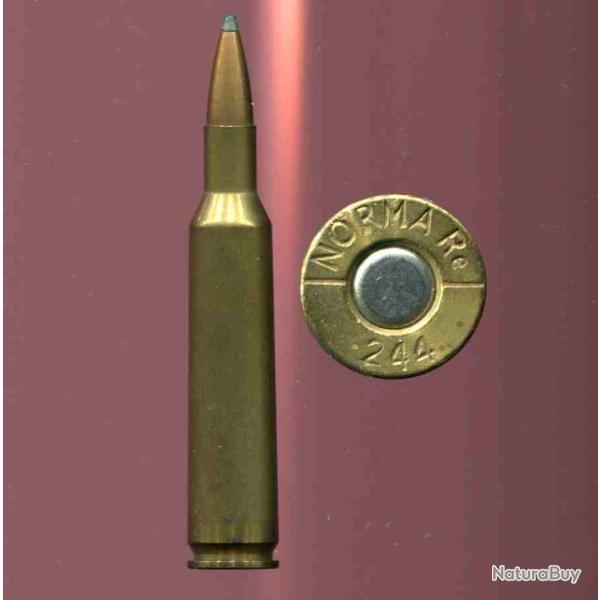 .244 Remington - NORMA - balle cuivre pointe plomb - tui laion de 56.5 mm de long