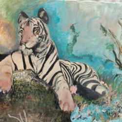 Spectaculaire grand Tableau huile / toile representant un majestueux Tigre du Bengale