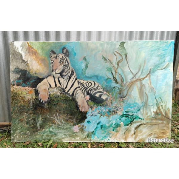 Spectaculaire grand Tableau huile / toile representant un majestueux Tigre du Bengale