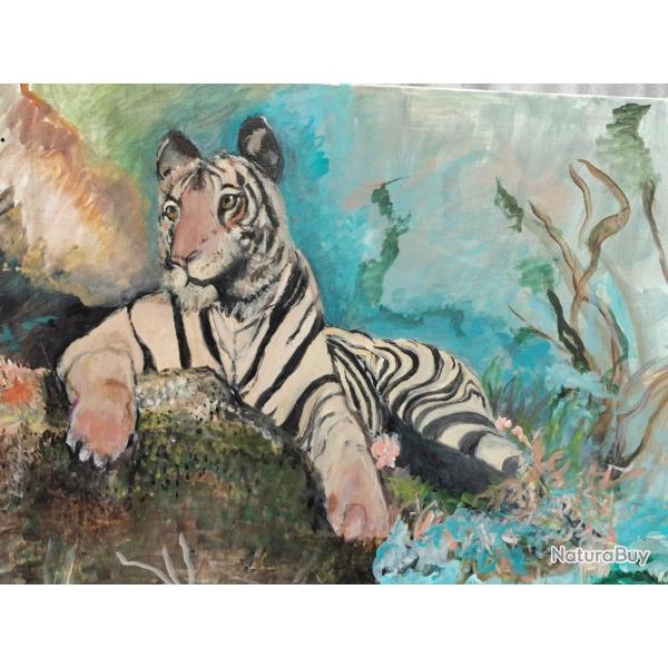 Spectaculaire grand Tableau huile / toile representant un majestueux Tigre du Bengale