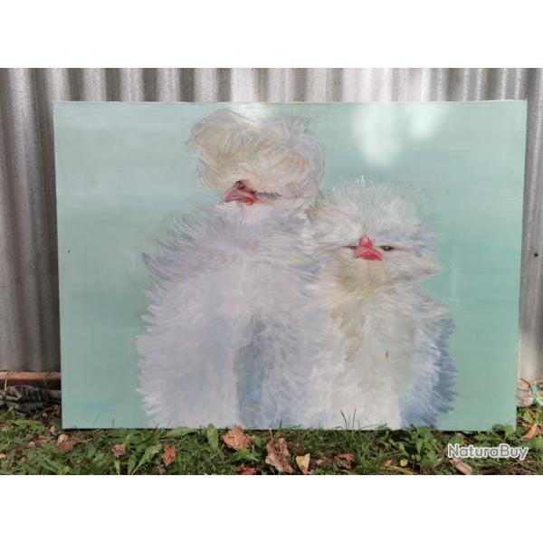 Grand Tableau 92 x 65 cm / huile sur toile representant 2 oisillons