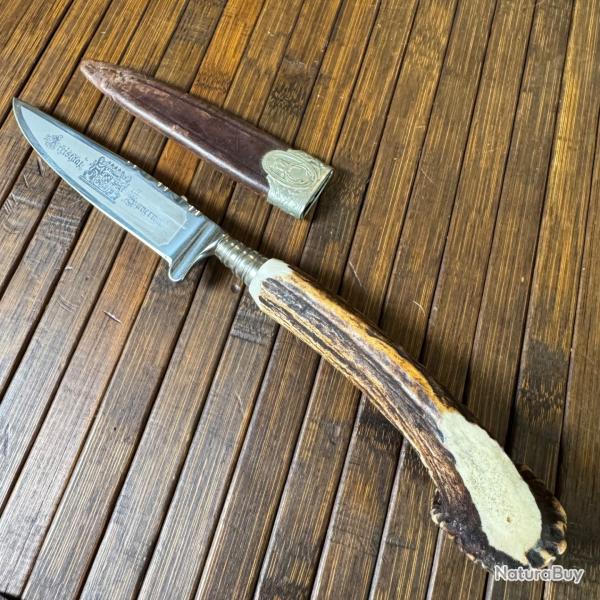 BEAU COUTEAU DE BOTTE NICKER VINTAGE TRADITIONNEL ALLEMAND ARTISANALE SOLINGEN LALE GRAV�E ANN�E 50