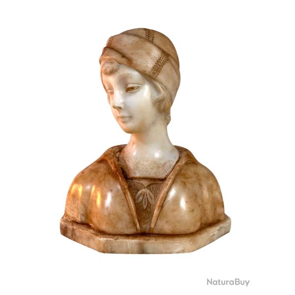 Sculpture art d�co Morin buste de jeune femme en marbre et alb�tre