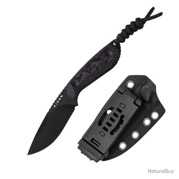 Couteau Kizer Buddy Lame Drop Point Acier 4V Manche Fat Carbon Purple Etui Kydex KI1081A10