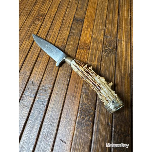 MINI NICKER COUTEAU DE BOTTE  TRADITIONNEL ALLEMAND SIGN� G.MERZ ROSTEFREI BOIS DE CERF ANN�E 45/55