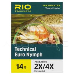 Bas de ligne RIO Technical Euro Nymph 14' (4,30m) D&eacute;part chartreuse pointe rose/jaune
