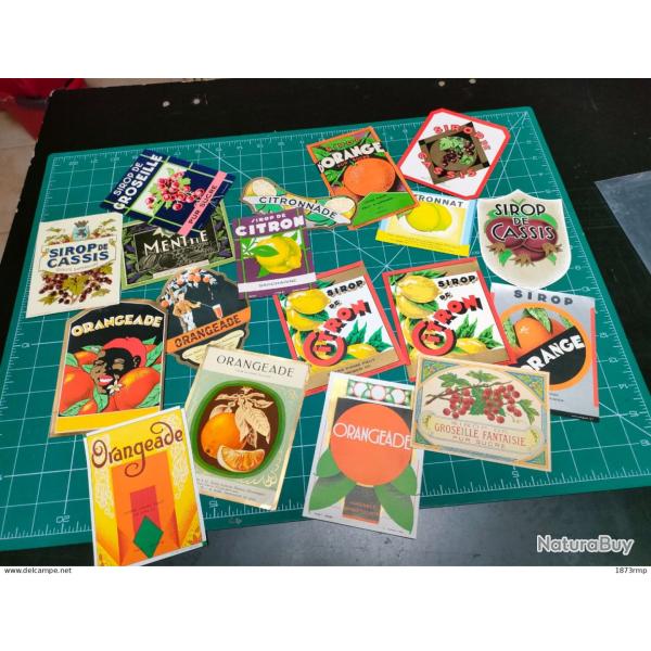 LOT DE 18 ETIQUETTES DE SIROPS, FRAISE, CASSIS, GROSEILLES, ORANGE....