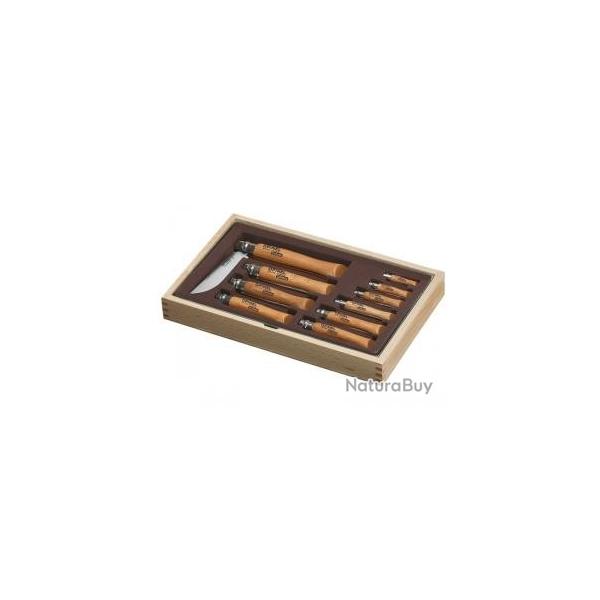 Ramasse-monnaie bois, 10 couteaux OPINEL n� 2 au n� 5 et du n� 6VRN au n� 12VRN lame acier carbone