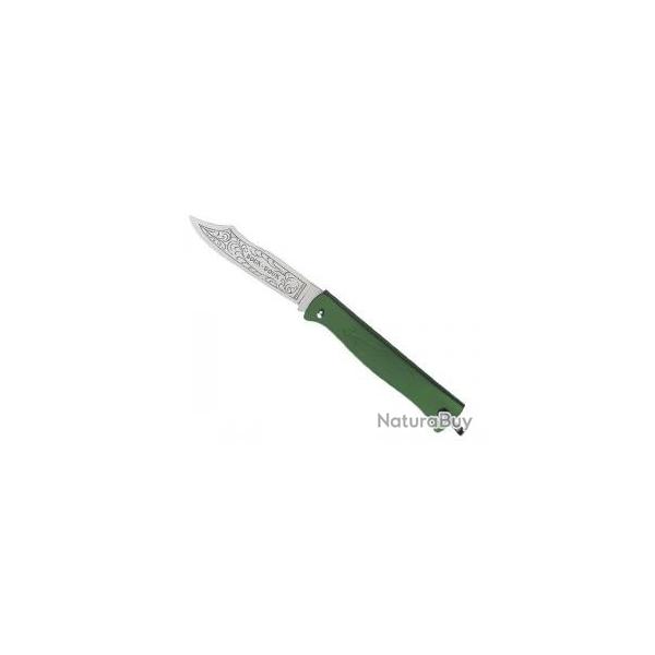 Couteau DOUK-DOUK lame acier inox Z70CD15 forg�e et grav�e, manche 11 cm m�tal vert chrom�