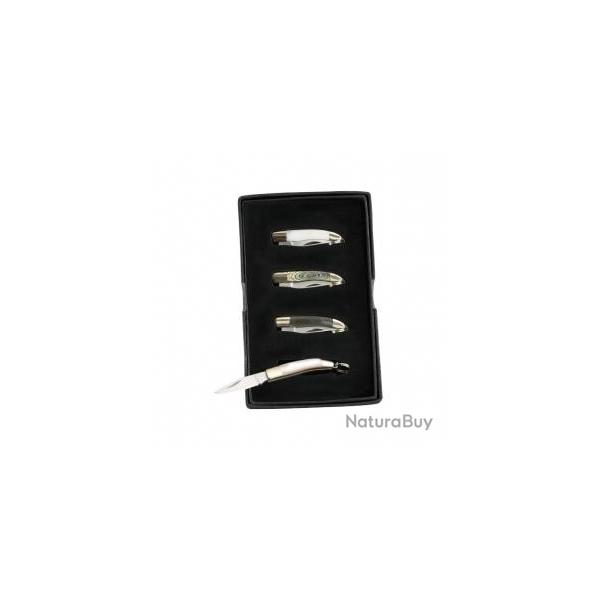 Coffret 4 canifs bijou HERBERTZ, lame acier 420, manche 3,5 cm, d�cors nacr�s assortis, avec anneau.