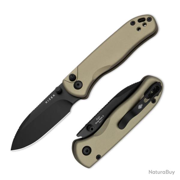 Couteau Kizer Azo Drop Bear 2 Lame Acier Nitro-V Black Manche Alu Tan Button Liner Lock KIV36192CD1