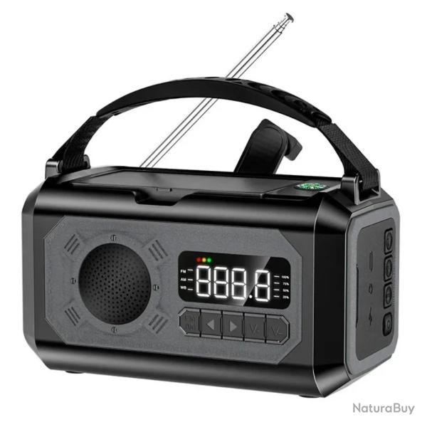 Radio Mto d'Urgence 12000mAh Recharge Solaire, Lampe, Banque d'Alimentation Portable Camping Noir