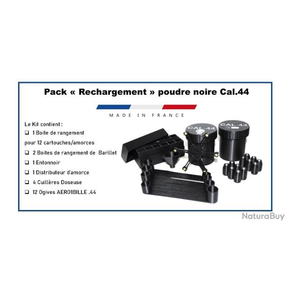 Lot de 4 - Pack rangement cal. 44 bo�te pour barillet, cartouches, 4 cuill�res doseuses poudre noire