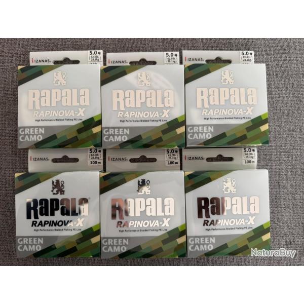 Lot 6 bobines de Tresse rapala rapinova X Green 100m 62lb 0,28mm
