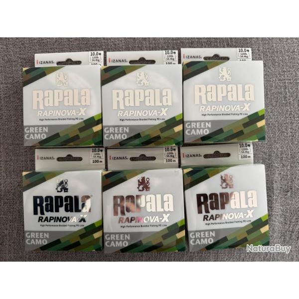 Lot 6 bobines de Tresse rapala rapinova X Green 100m 120lb 0,50mm